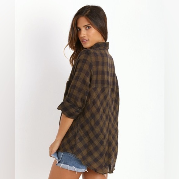 Free People Navy Combo Lace Up Plaid Button Down Long Sleeve Shirt EUC Size S - Picture 3 of 12